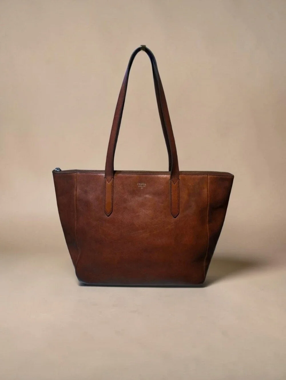 Fossil Sydney Shopper Tote Cognac Brown Leather Zip Top Carryall Pocket Organize